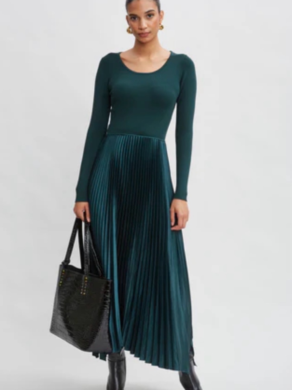 Elie Tahari Forest Green Long-Sleeve Pleated Maxi Dress